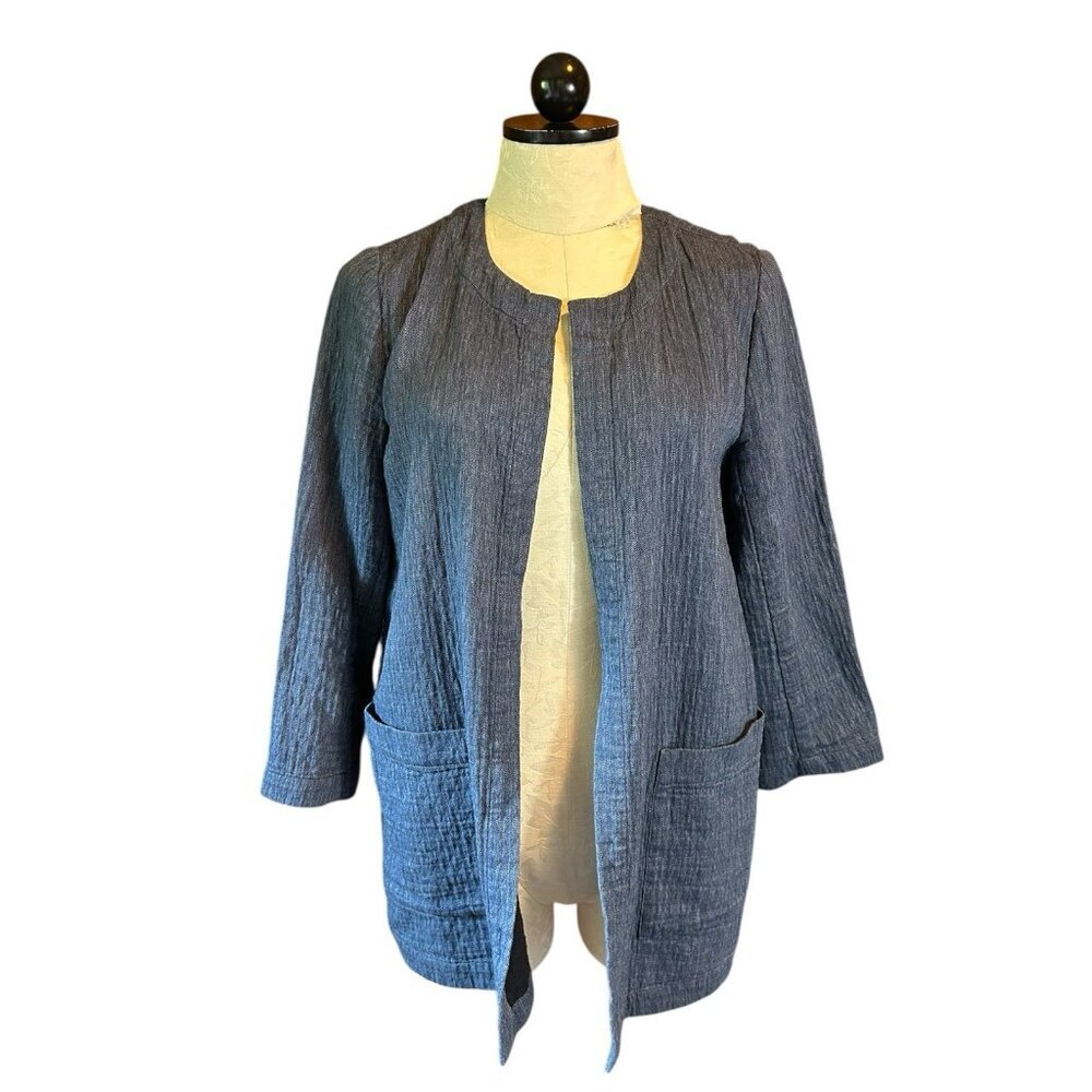 Eileen Fisher Pockets Open Jacket Lightweight Cotton Linen Blend Navy Blue XS